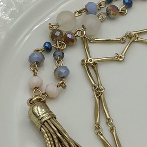 Bella Gold Tone Tassel Blue Crystal Stone Necklace